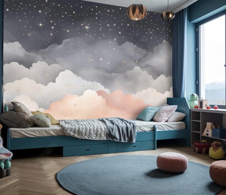 3D Cartoon Grey Sky Clouds Stars Wallpaper Wall Mural Wall Decor Wall Art Wall Sticker Remoable Wallpaper LQH 135