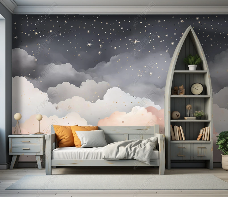 3D Cartoon Grey Sky Clouds Stars Wallpaper Wall Mural Wall Decor Wall Art Wall Sticker Remoable Wallpaper LQH 137