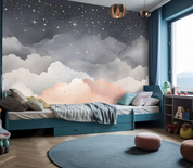 3D Cartoon Grey Sky Clouds Stars Wallpaper Wall Mural Wall Decor Wall Art Wall Sticker Remoable Wallpaper LQH 137