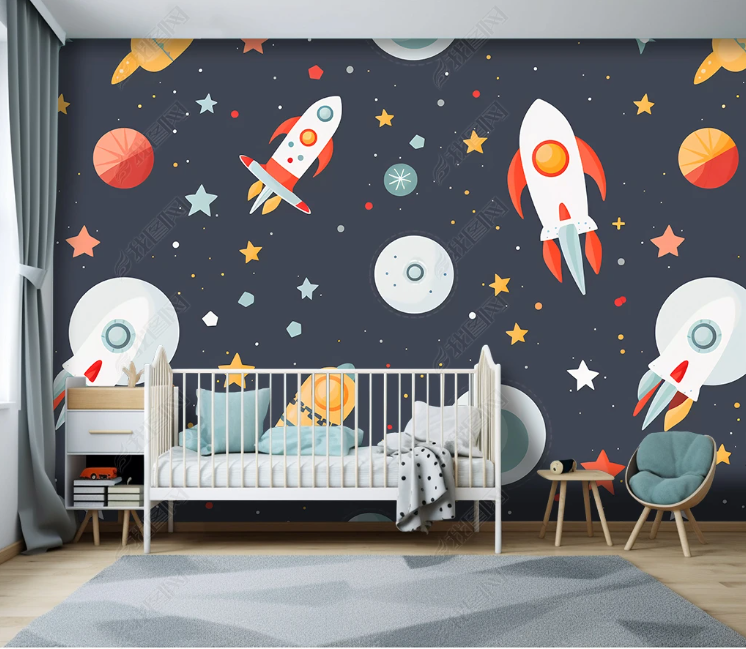 3D Cartoon Space Planet Rocket Wallpaper Wall Mural Wall Decor Wall Art Wall Sticker Remoable Wallpaper LQH 153