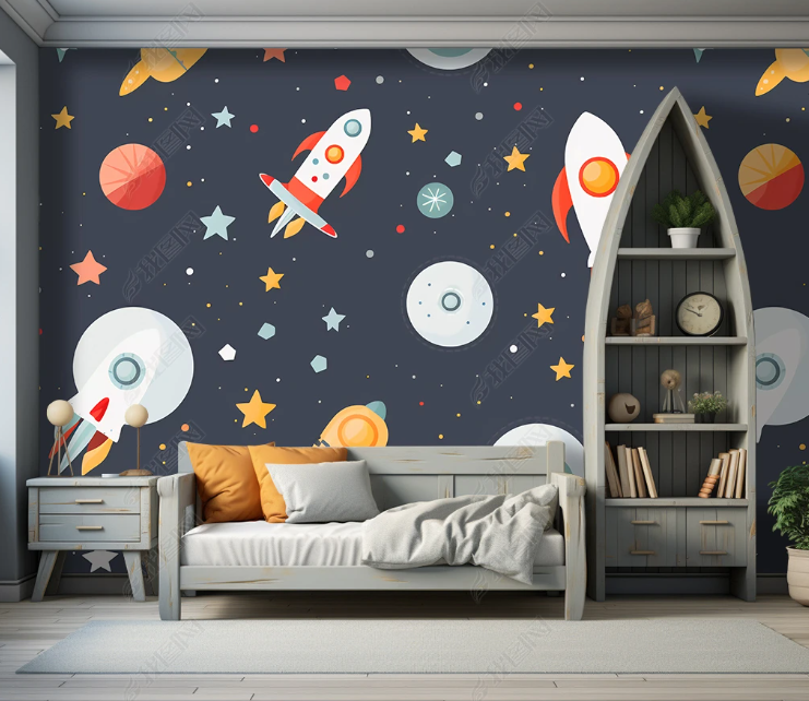 3D Cartoon Space Planet Rocket Wallpaper Wall Mural Wall Decor Wall Art Wall Sticker Remoable Wallpaper LQH 153