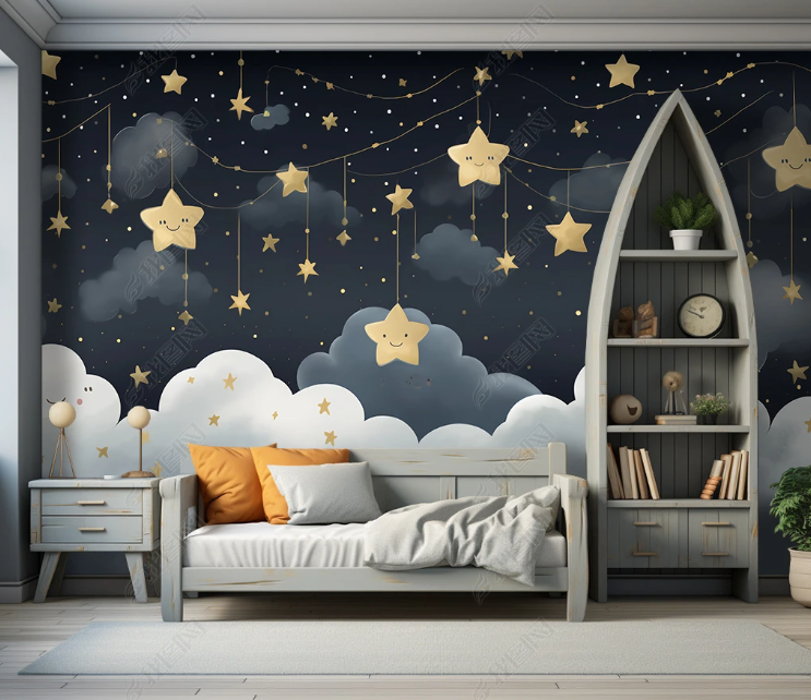 3D Cartoon Sky Grey Clouds Stars Wallpaper Wall Mural Wall Decor Wall Art Wall Sticker Remoable Wallpaper LQH 186