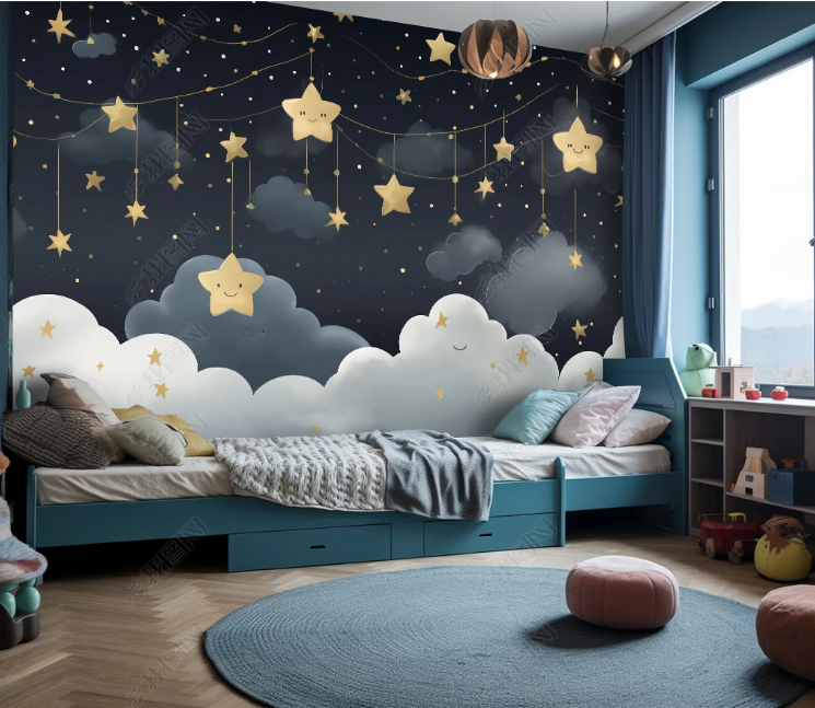 3D Cartoon Sky Grey Clouds Stars Wallpaper Wall Mural Wall Decor Wall Art Wall Sticker Remoable Wallpaper LQH 186