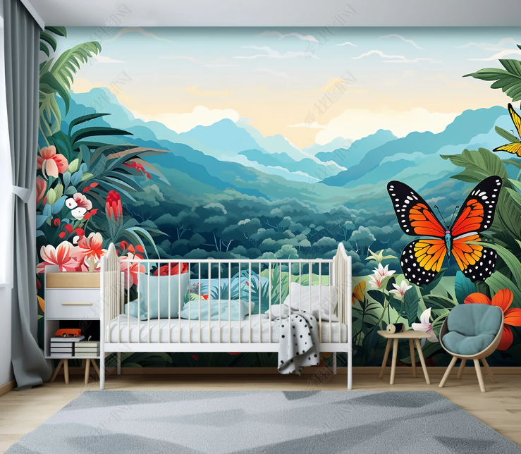 3D Watercolor Forest Mountain Butterfly Wallpaper Wall Mural Wall Decor Wall Art Wall Sticker Remoable Wallpaper LQH 206