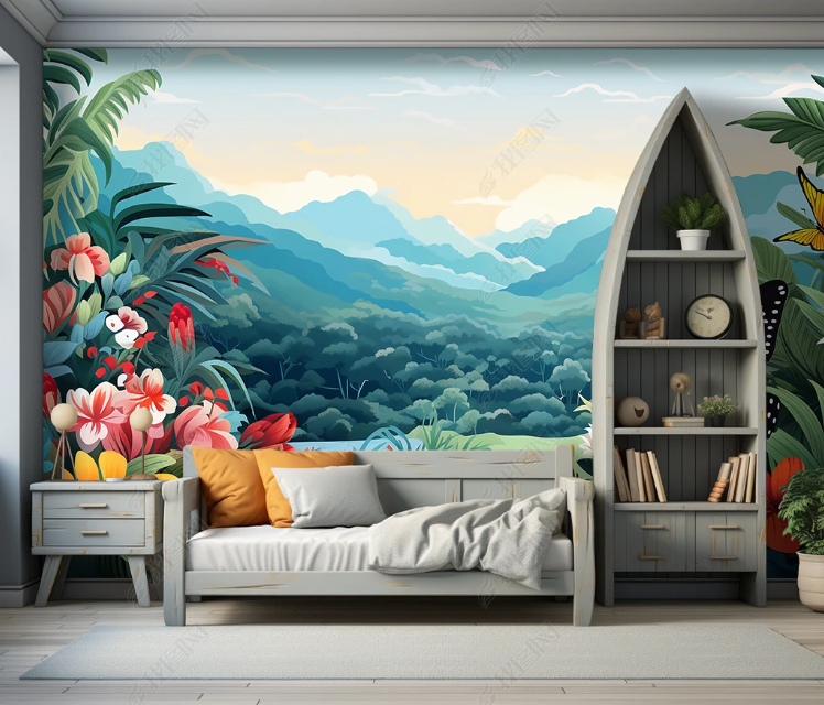3D Watercolor Forest Mountain Butterfly Wallpaper Wall Mural Wall Decor Wall Art Wall Sticker Remoable Wallpaper LQH 206