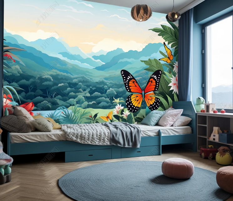 3D Watercolor Forest Mountain Butterfly Wallpaper Wall Mural Wall Decor Wall Art Wall Sticker Remoable Wallpaper LQH 206
