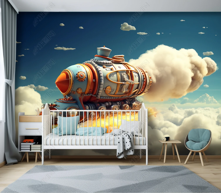 3D Cartoon Space Spaceship Cloud Wallpaper Wall Mural Wall Decor Wall Art Wall Sticker Remoable Wallpaper LQH 260