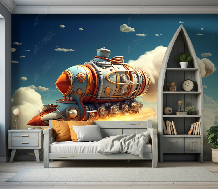 3D Cartoon Space Spaceship Cloud Wallpaper Wall Mural Wall Decor Wall Art Wall Sticker Remoable Wallpaper LQH 260