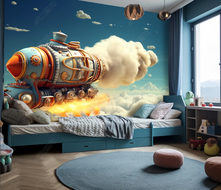 3D Cartoon Space Spaceship Cloud Wallpaper Wall Mural Wall Decor Wall Art Wall Sticker Remoable Wallpaper LQH 260