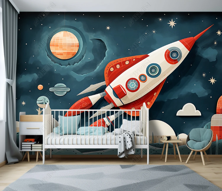 3D Cartoon Space Rocket Cloud Wallpaper Wall Mural Wall Decor Wall Art Wall Sticker Remoable Wallpaper LQH 261