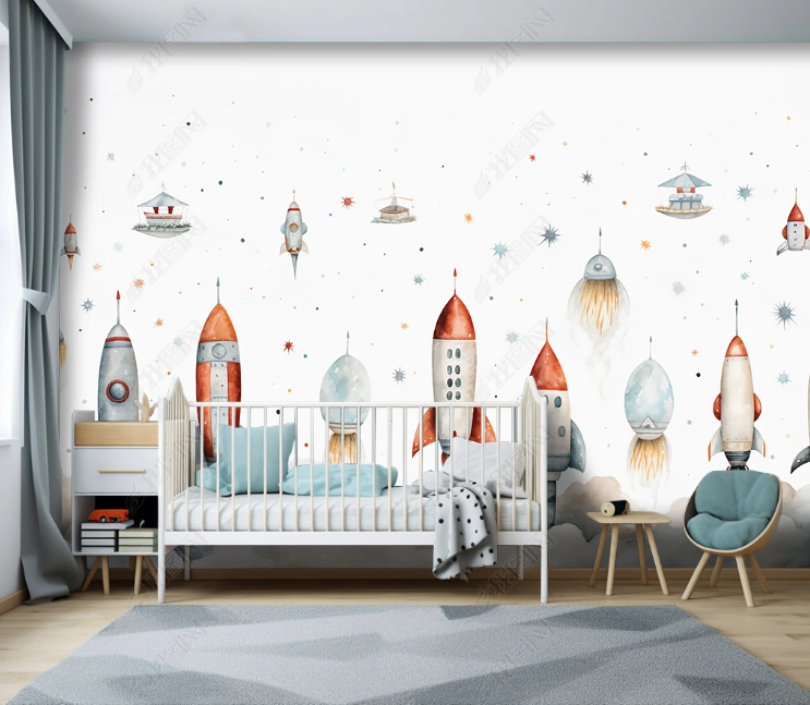 3D Cartoon Space Rocket Cloud Planet Wallpaper Wall Mural Wall Decor Wall Art Wall Sticker Remoable Wallpaper LQH 266