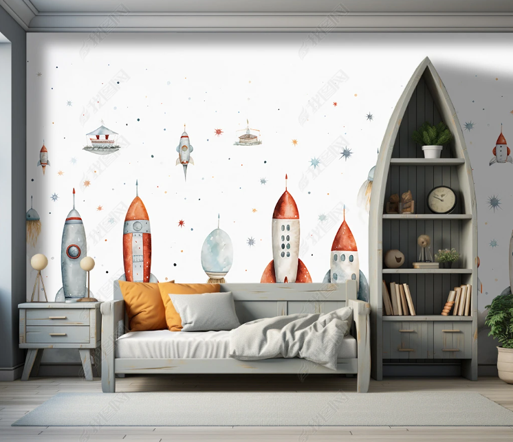 3D Cartoon Space Rocket Cloud Planet Wallpaper Wall Mural Wall Decor Wall Art Wall Sticker Remoable Wallpaper LQH 266
