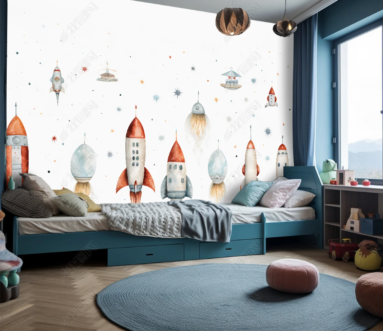 3D Cartoon Space Rocket Cloud Planet Wallpaper Wall Mural Wall Decor Wall Art Wall Sticker Remoable Wallpaper LQH 266