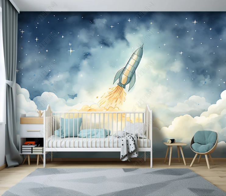 3D Cartoon Space Rocket Cloud Wallpaper Wall Mural Wall Decor Wall Art Wall Sticker Remoable Wallpaper LQH 268