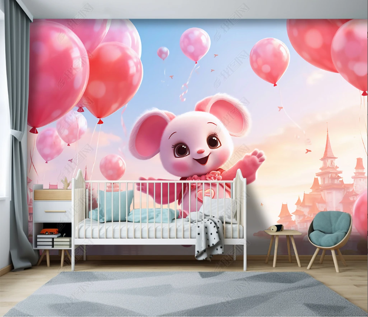 3D Cartoon Pink Sky Cloud Castle Balloon Wallpaper Wall Mural Wall Decor Wall Art Wall Sticker Remoable Wallpaper LQH 325