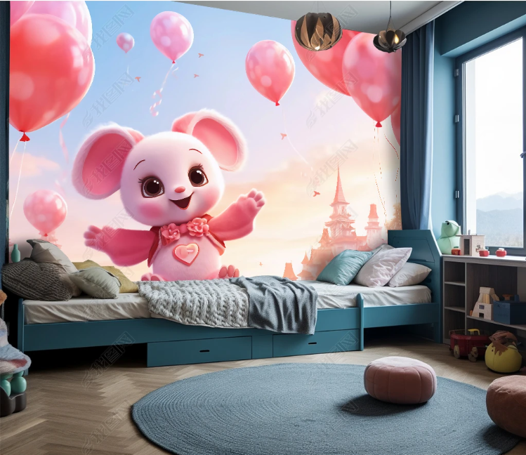 3D Cartoon Pink Sky Cloud Castle Balloon Wallpaper Wall Mural Wall Decor Wall Art Wall Sticker Remoable Wallpaper LQH 325