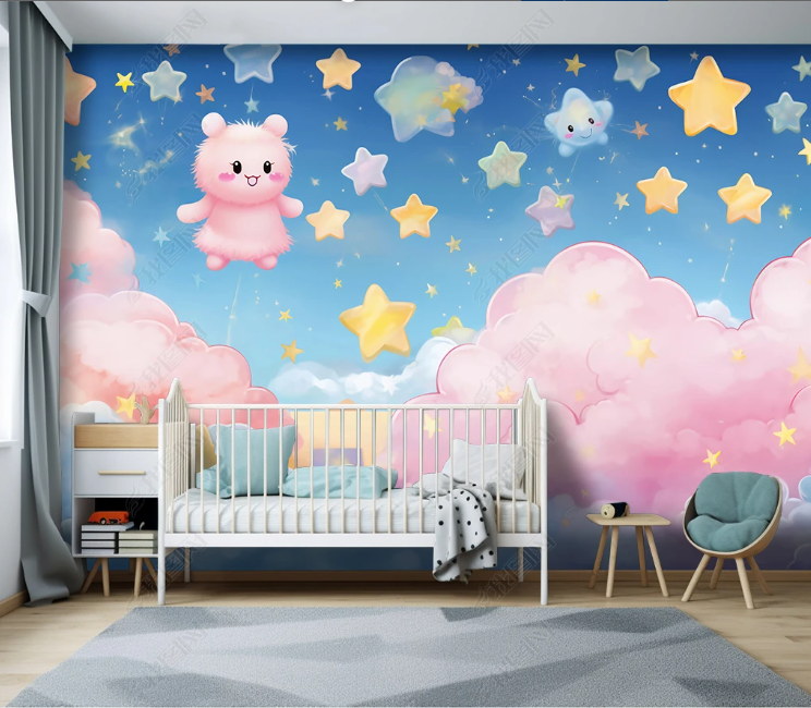 3D Cartoon Sky Clouds Stars Bear Wallpaper Wall Mural Wall Decor Wall Art Wall Sticker Remoable Wallpaper LQH 326
