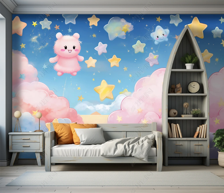 3D Cartoon Sky Clouds Stars Bear Wallpaper Wall Mural Wall Decor Wall Art Wall Sticker Remoable Wallpaper LQH 326