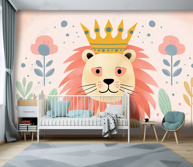 3D Cartoon Animal Lion Floral Pink Wallpaper Wall Mural Wall Decor Wall Art Wall Sticker Remoable Wallpaper LQH 357