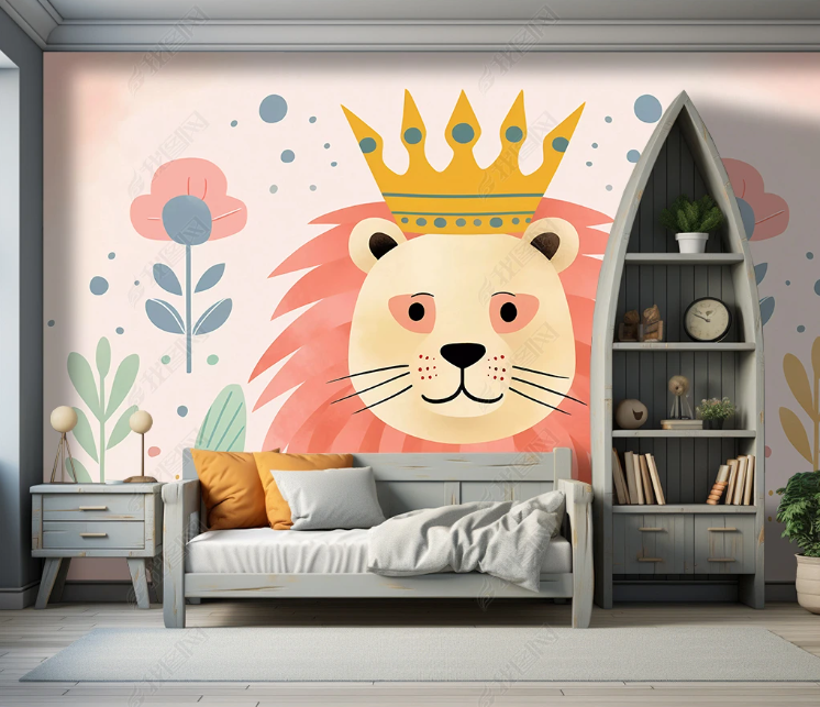 3D Cartoon Animal Lion Floral Pink Wallpaper Wall Mural Wall Decor Wall Art Wall Sticker Remoable Wallpaper LQH 357