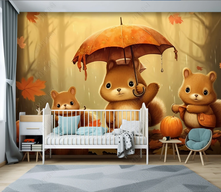 3D Cartoon Autumn Forest Animal Squirrel Wallpaper Wall Mural Wall Decor Wall Art Wall Sticker Remoable Wallpaper LQH 361