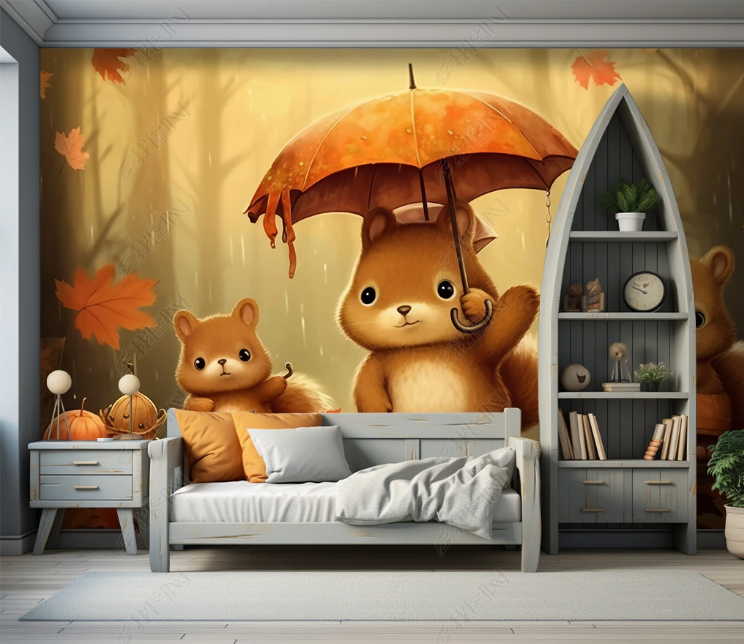 3D Cartoon Autumn Forest Animal Squirrel Wallpaper Wall Mural Wall Decor Wall Art Wall Sticker Remoable Wallpaper LQH 361