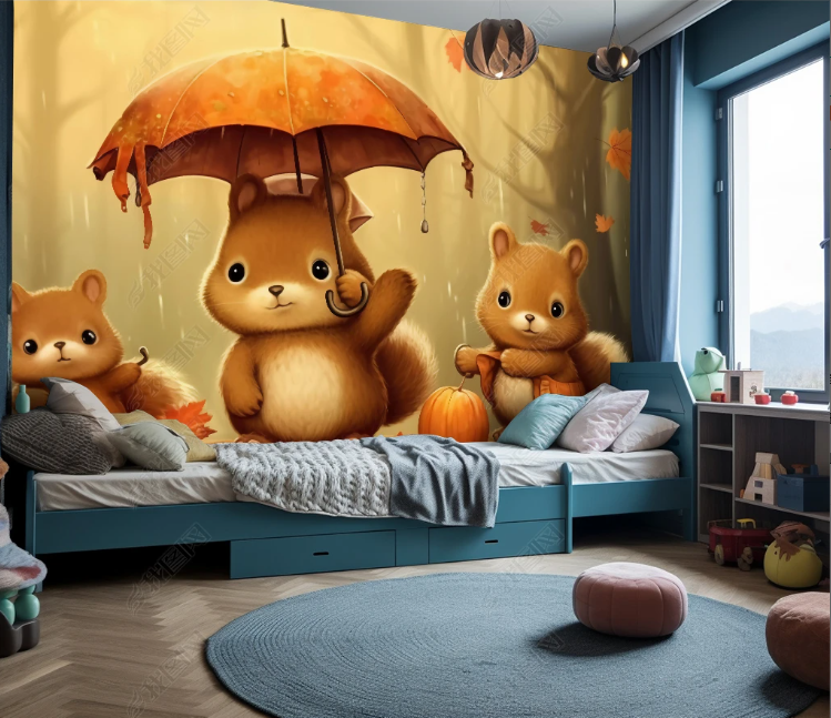 3D Cartoon Autumn Forest Animal Squirrel Wallpaper Wall Mural Wall Decor Wall Art Wall Sticker Remoable Wallpaper LQH 361