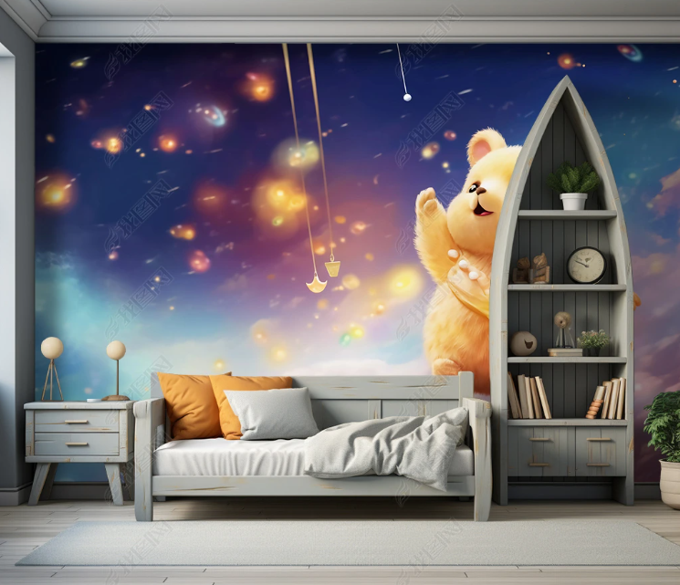 3D Cartoon Sky Stars Animal Bear Wallpaper Wall Mural Wall Decor Wall Art Wall Sticker Remoable Wallpaper LQH 367