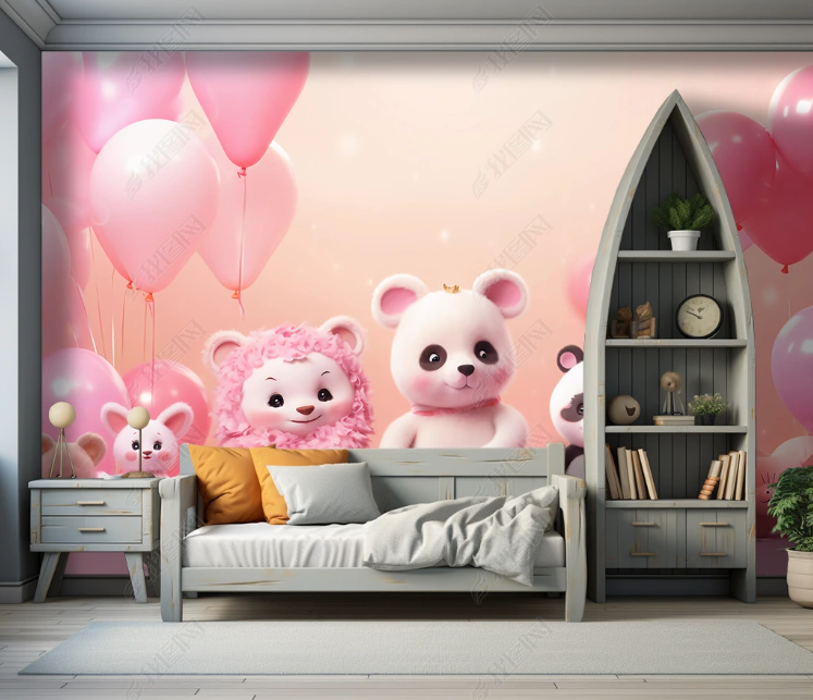 3D Cartoon Animal Panda Pink Balloon Wallpaper Wall Mural Wall Decor Wall Art Wall Sticker Remoable Wallpaper LQH 368