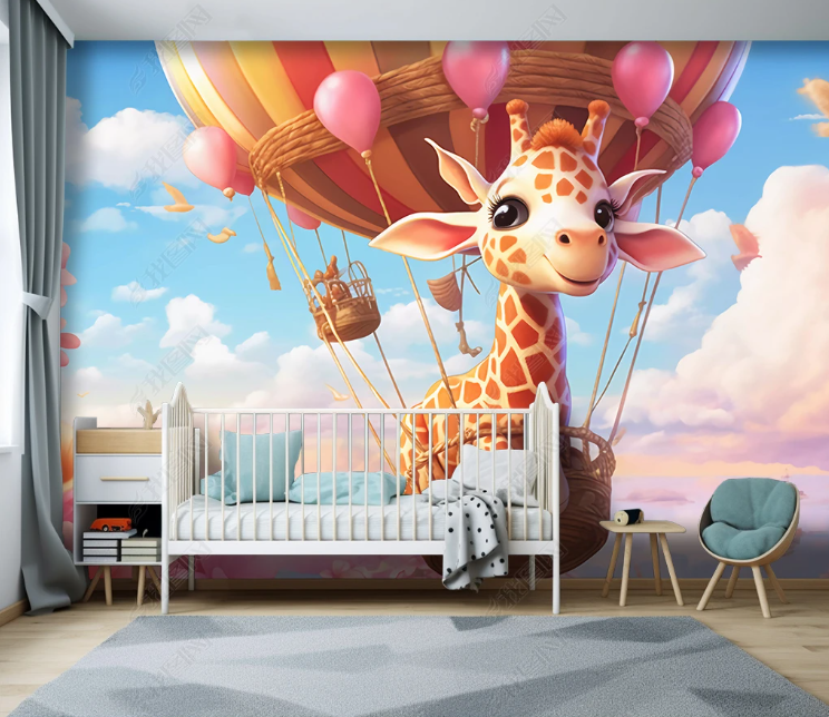 3D Cartoon Sky Clouds Hot Air Balloon Animal Giraffe Wallpaper Wall Mural Wall Decor Wall Art Wall Sticker Remoable Wallpaper LQH 379