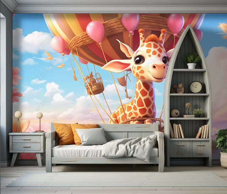 3D Cartoon Sky Clouds Hot Air Balloon Animal Giraffe Wallpaper Wall Mural Wall Decor Wall Art Wall Sticker Remoable Wallpaper LQH 379