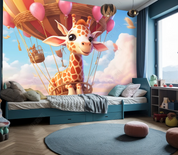 3D Cartoon Sky Clouds Hot Air Balloon Animal Giraffe Wallpaper Wall Mural Wall Decor Wall Art Wall Sticker Remoable Wallpaper LQH 379