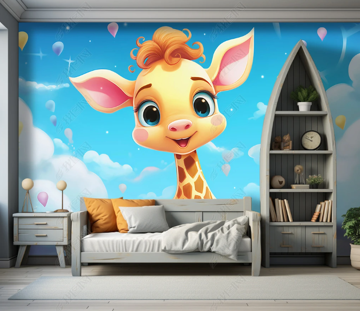 3D Cartoon Sky Clouds Animal Giraffe Wallpaper Wall Mural Wall Decor Wall Art Wall Sticker Remoable Wallpaper LQH 381