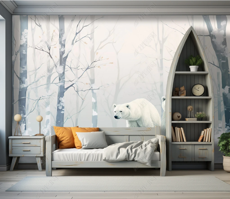 3D Cartoon Winter Forest Snow Animal Polar Bear Wallpaper Wall Mural Wall Decor Wall Art Wall Sticker Remoable Wallpaper LQH 384