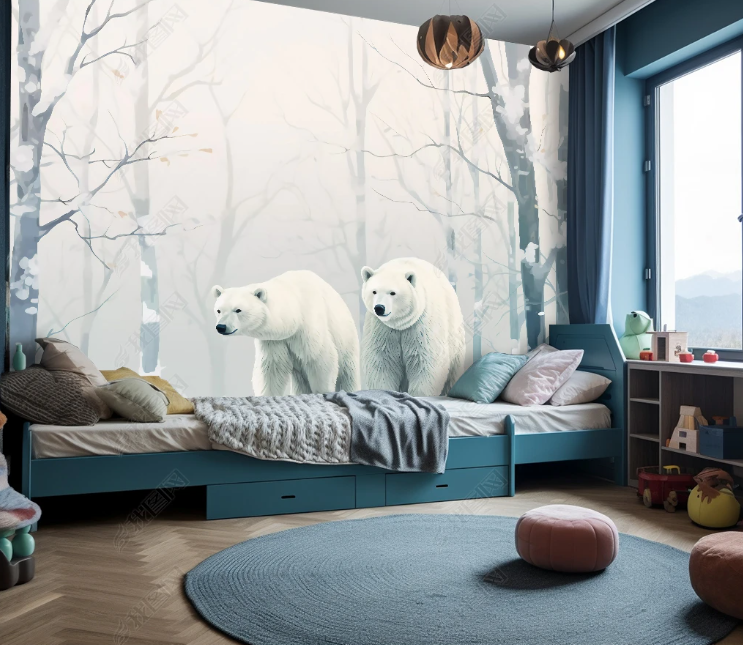 3D Cartoon Winter Forest Snow Animal Polar Bear Wallpaper Wall Mural Wall Decor Wall Art Wall Sticker Remoable Wallpaper LQH 384