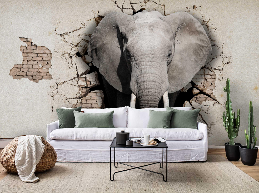 3D Animal Elephant Brick Crack Wall Mural Wallpaper YXL 758