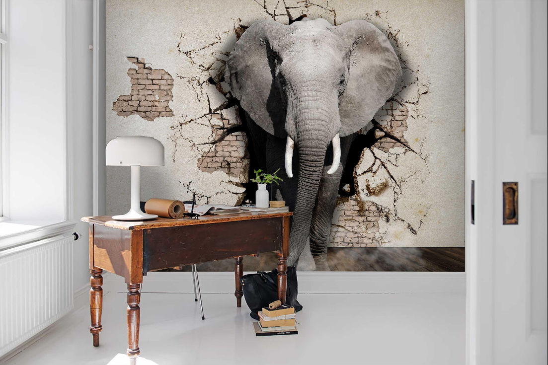 3D Animal Elephant Brick Crack Wall Mural Wallpaper YXL 758
