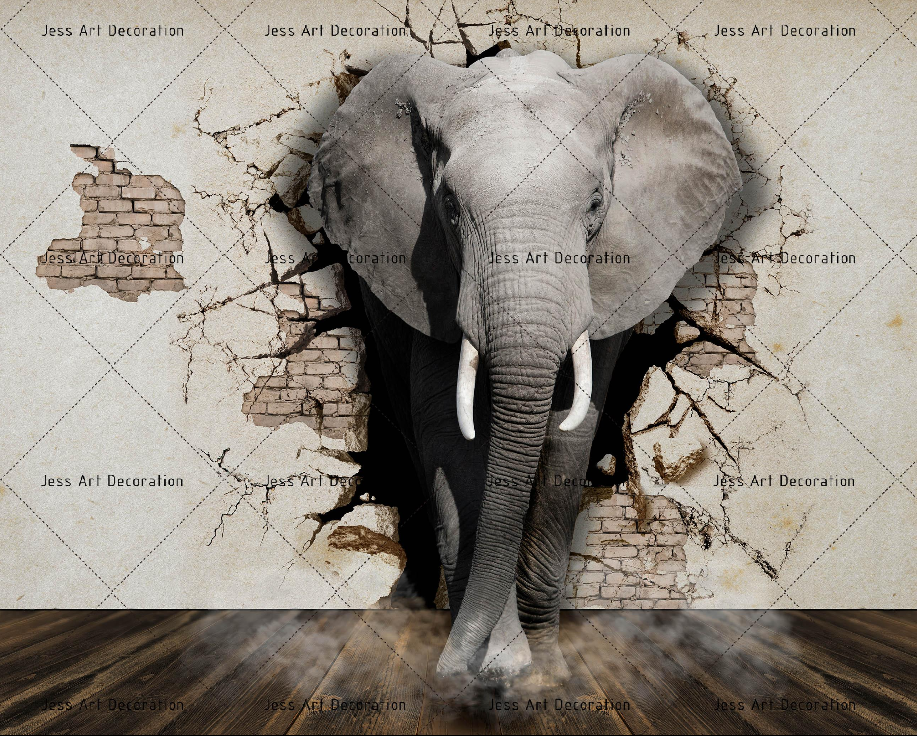 3D Animal Elephant Brick Crack Wall Mural Wallpaper YXL 758