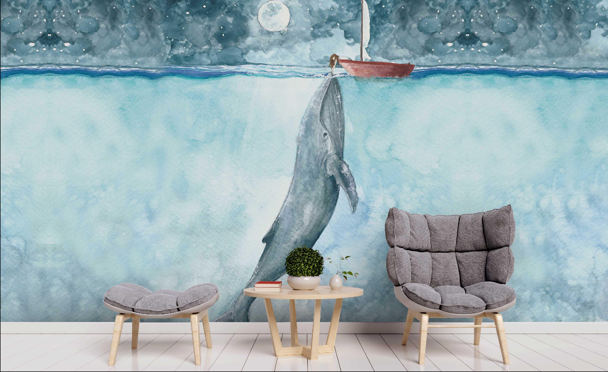 3D Whale Sea Ship Moon Cloud Wall Mural Wallpaper YXL 790