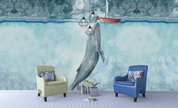 3D Whale Sea Ship Moon Cloud Wall Mural Wallpaper YXL 790