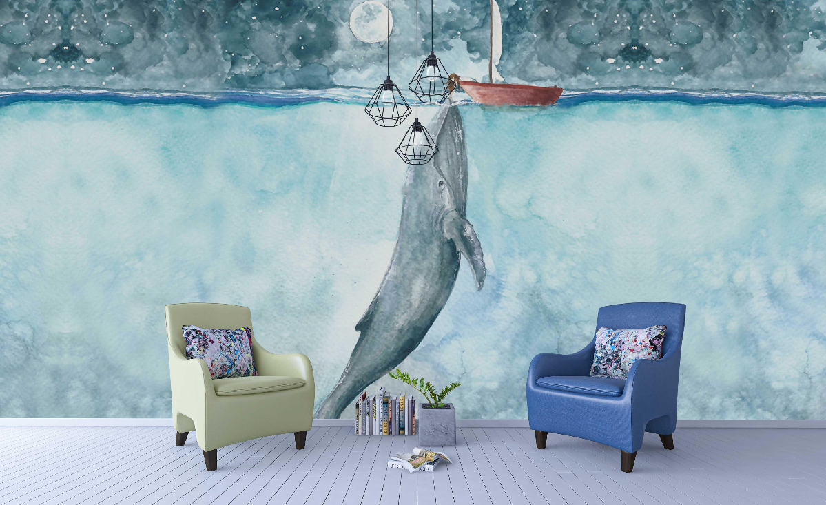 3D Whale Sea Ship Moon Cloud Wall Mural Wallpaper YXL 790