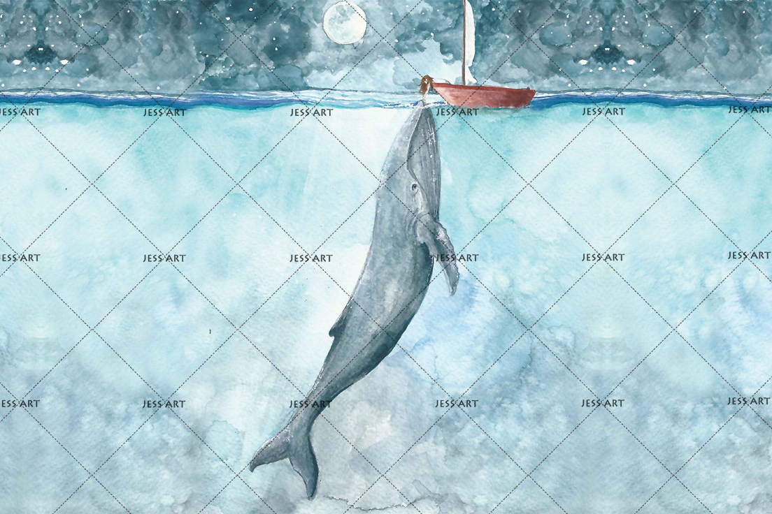 3D Whale Sea Ship Moon Cloud Wall Mural Wallpaper YXL 790