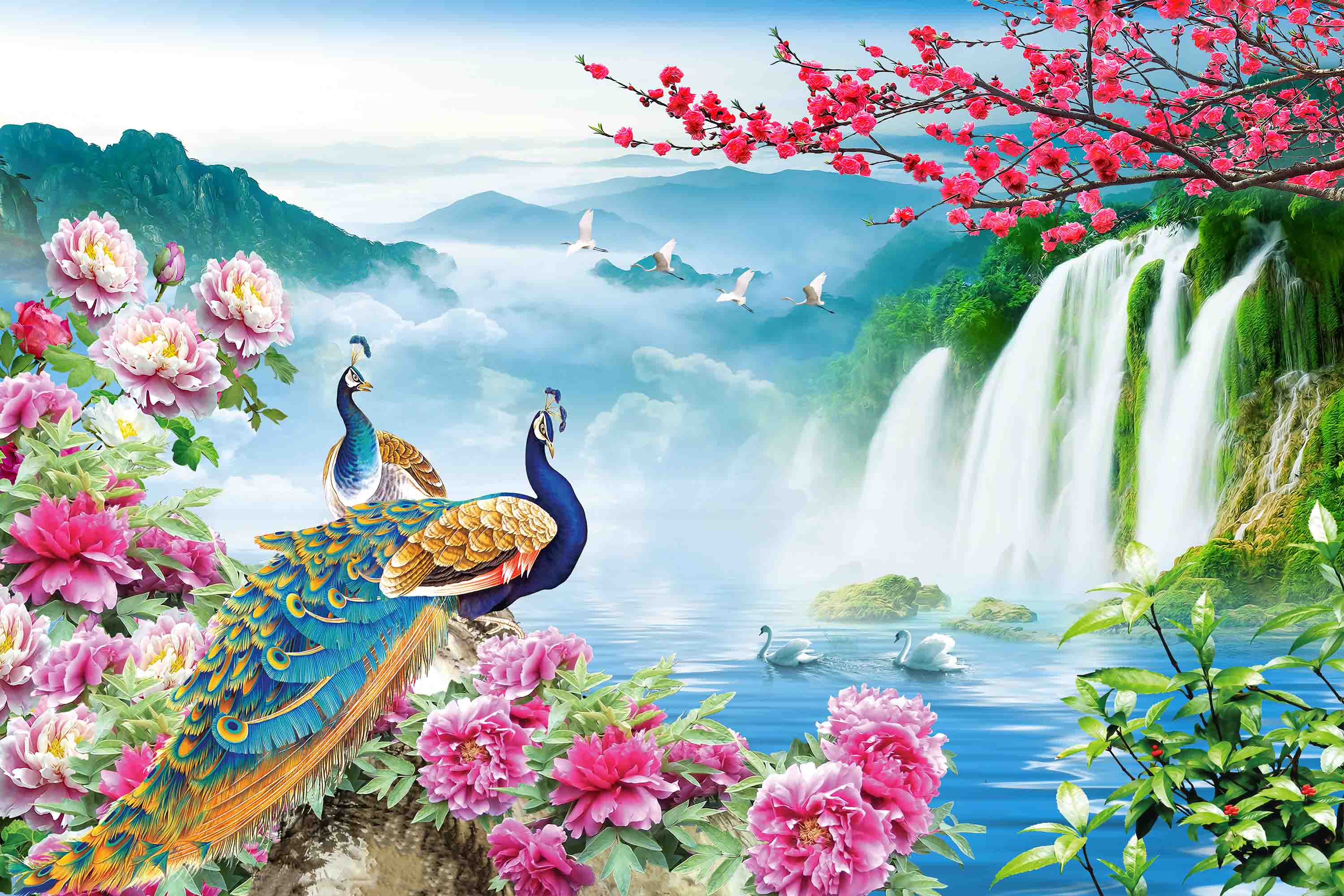 3D Animal Peacock Flower Swan River Waterfall Mountain Wild Goose Wall Mural Wallpaper YXL 03- Jess Art Decoration