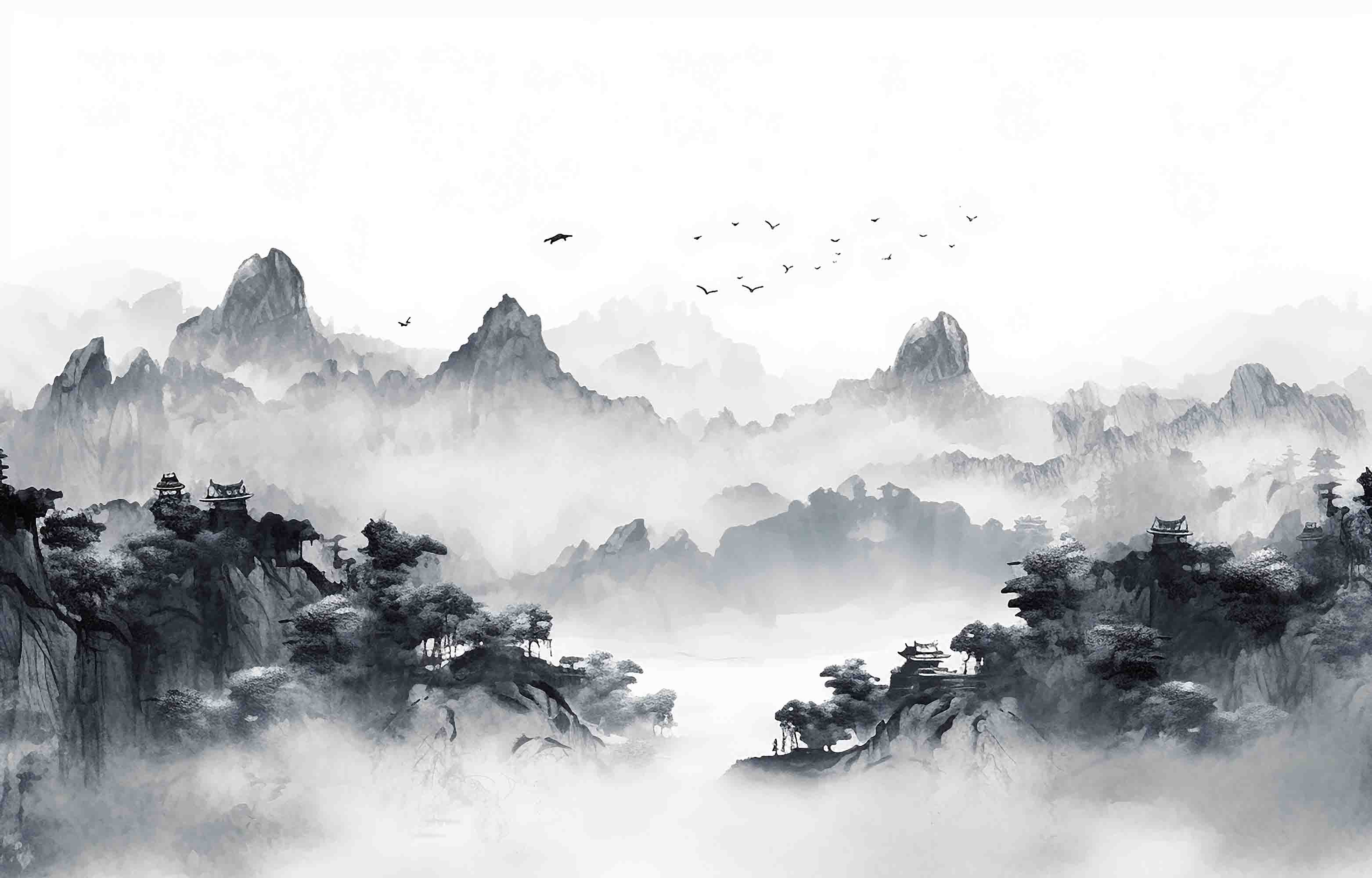 3D Watercolor Grey Mountains Forest Wallpaper Wall Mural Wall Decor Wall Art Wall Sticker Remoable Wallpaper LQH 8
