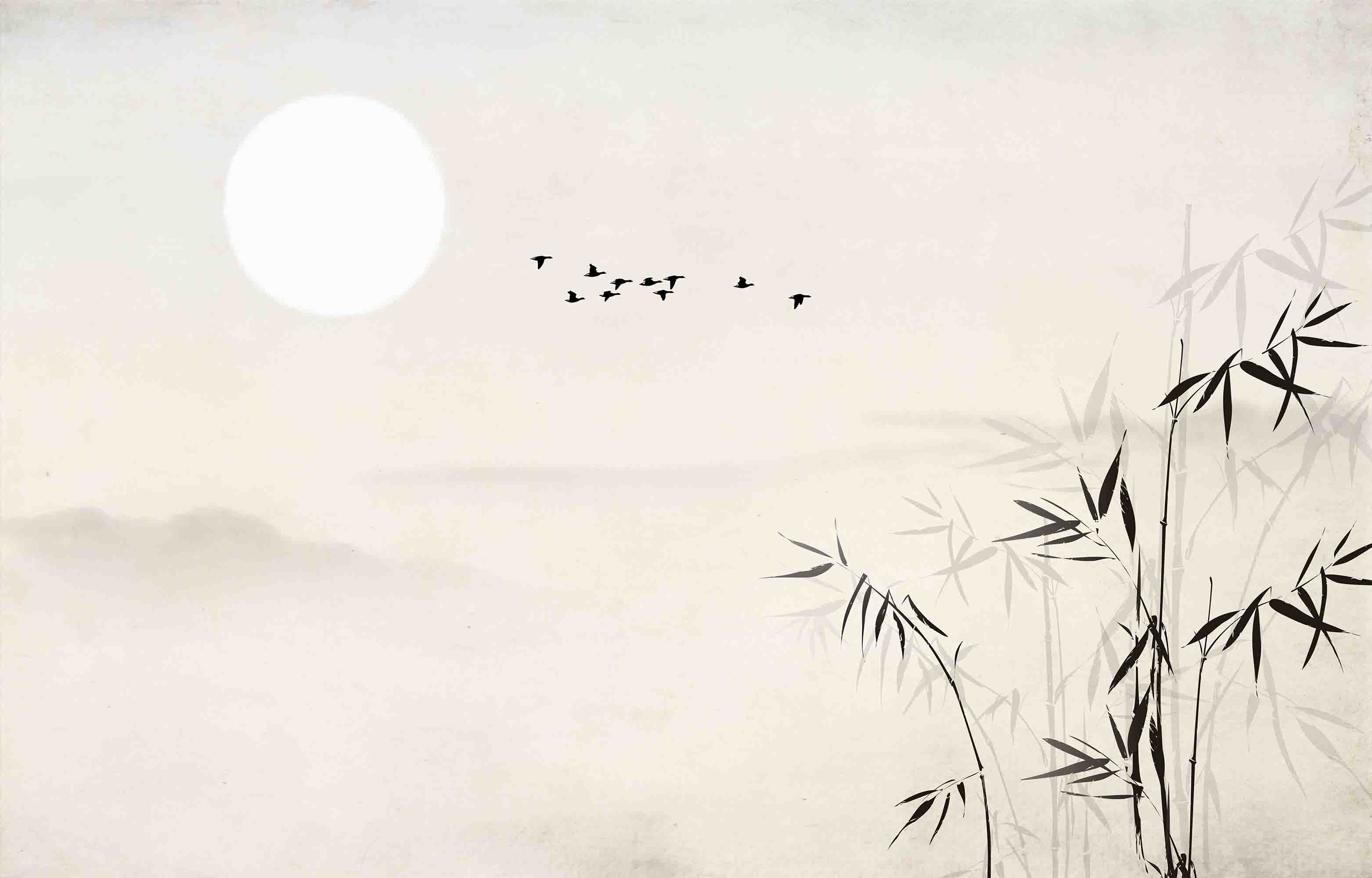 3D Grey Sky Bird Sun Bamboo Wallpaper Wall Mural Wall Decor Wall Art Wall Sticker Remoable Wallpaper