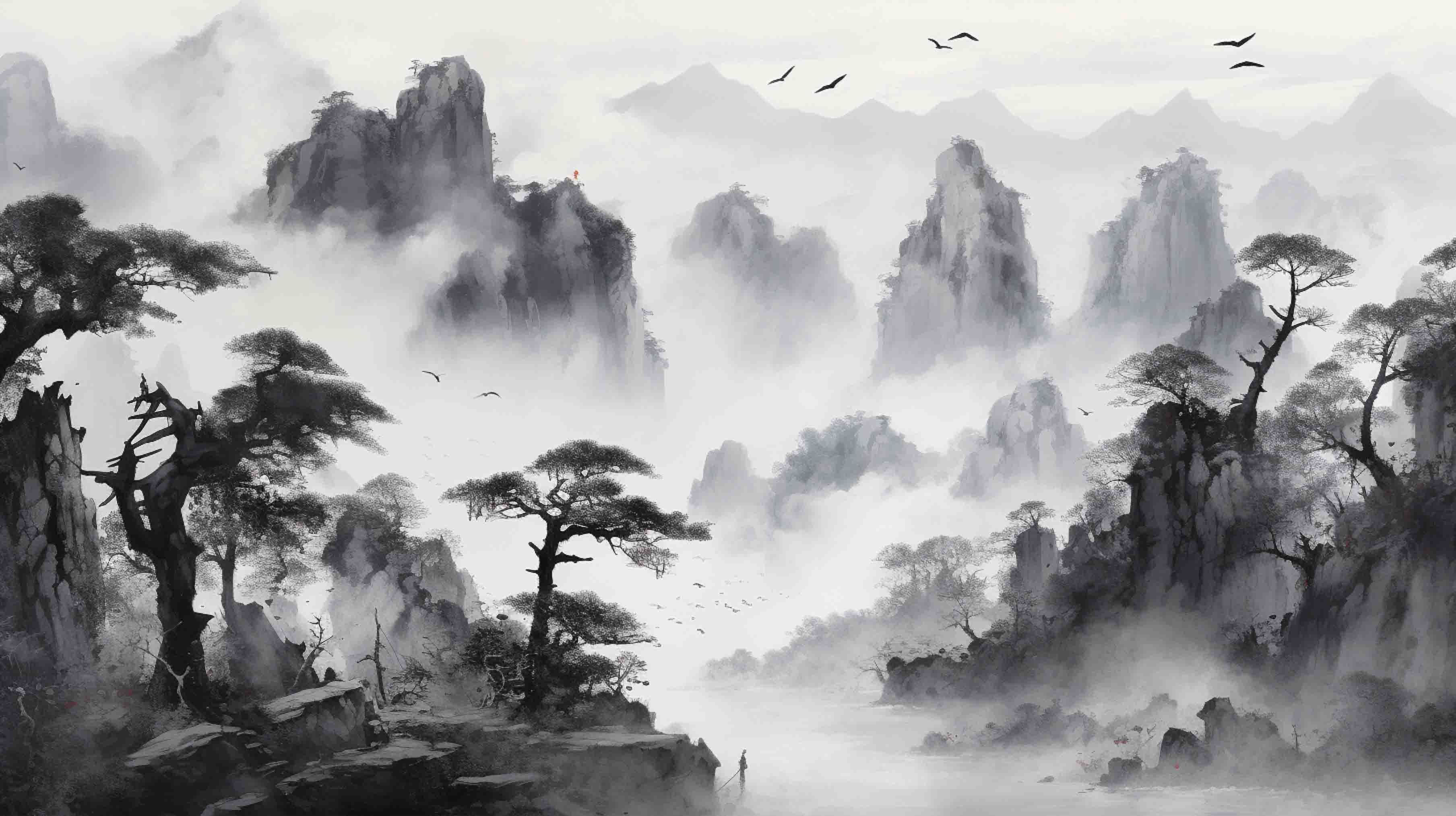 3D Mountain Tree Bird Fog Sky Wall Mural Wallpaper YXL 2937