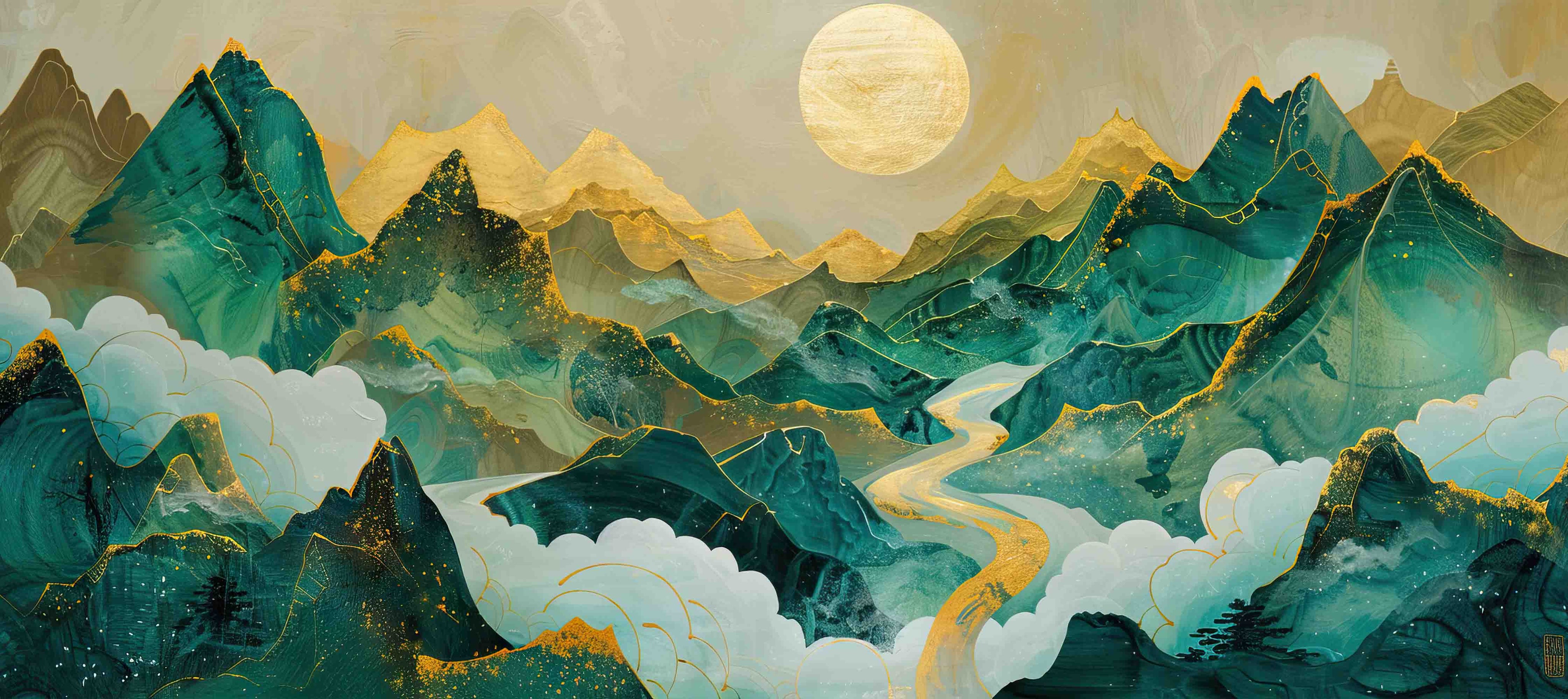 3D Watercolor Green Mountains Landscape Wallpaper Wall Mural Wall Decor Wall Art Wall Sticker Remoable Wallpaper LQH 4