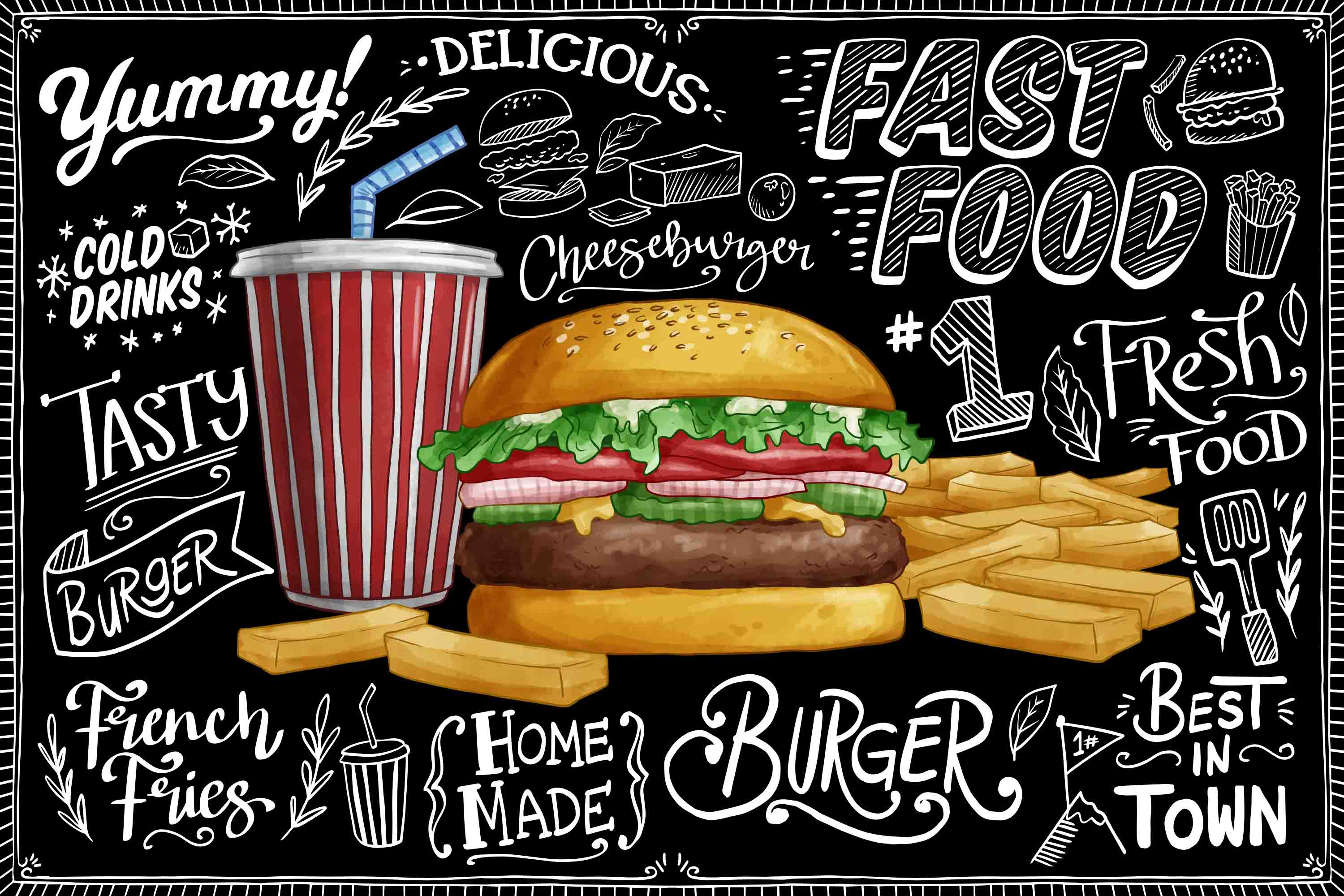 3D Restaurant Snack Bar Diner Fast Food Hamburger Chips Wall Mural Wallpaper 15