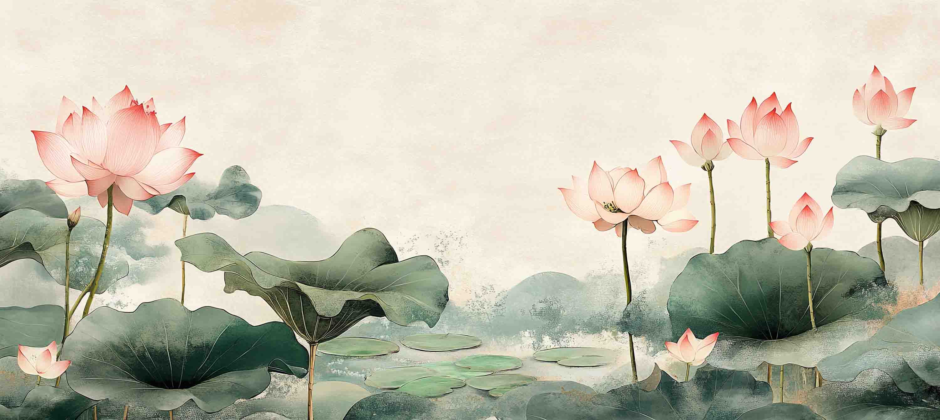3D Hand Drawn Pink Lotus Green Leaves Wallpaper Wall Mural Wall Decor Wall Art Wall Sticker Remoable Wallpaper 42