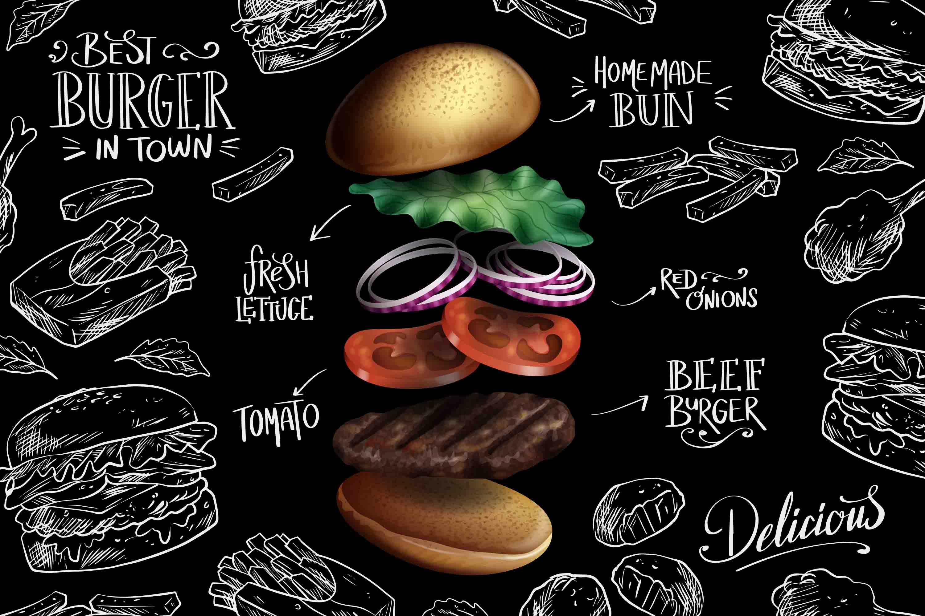 3D Restaurant Snack Bar Diner Fast Food Hamburger Cips Wall Mural Wallpaper 11